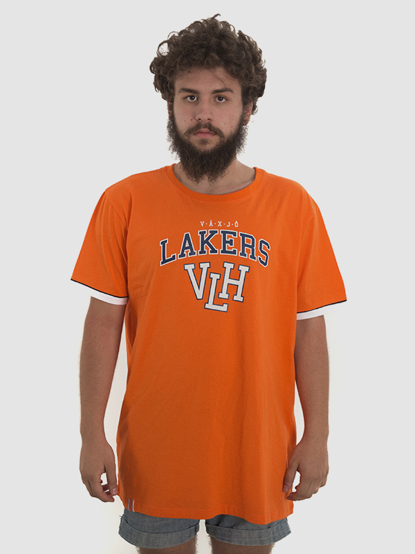 A male model wearing an orange hockey fan t-shirt. Front side is shown.