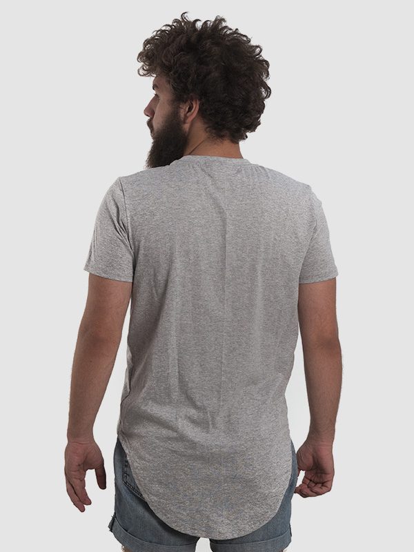 A male model wearing a grey long-tailed t-shirt. Back side is shown.