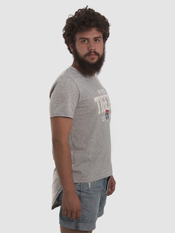 A male model wearing a grey long-tailed t-shirt. Right side is shown.