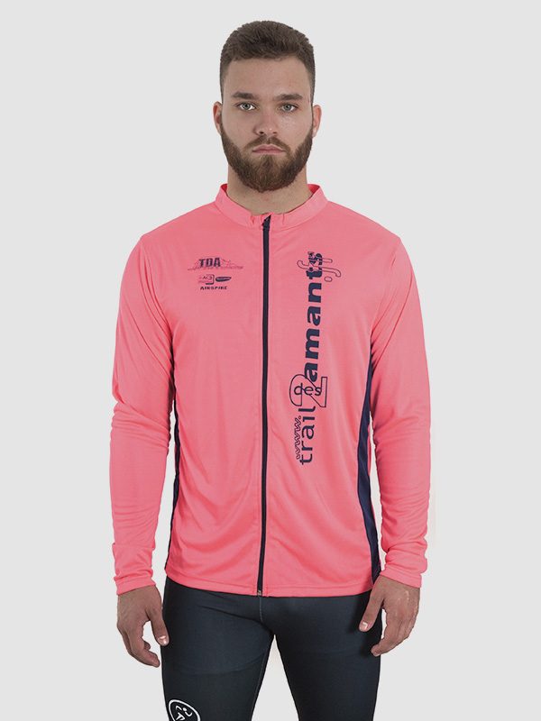 A male model wearing a pink all-over dye-sublimated running jacket. Front side is shown.