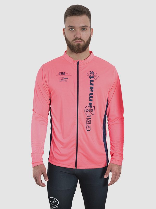 A male model wearing a pink all-over dye-sublimated running jacket. Front side is shown.