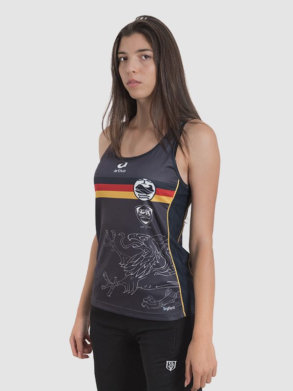 A female model wearing a custom-made grey running tank top with the German flag colours printed in the chest area