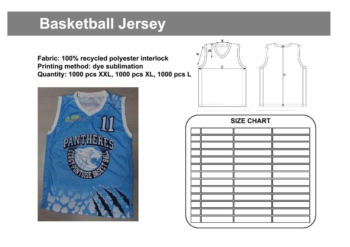 Tech pack for a basketball jersey. An image of a basketball jersey, technical drawing, and size chart are shown.