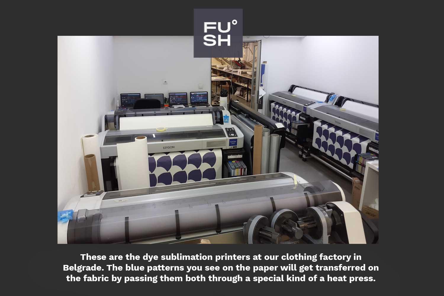 Image of five dye sublimation printers at a clothing factory.