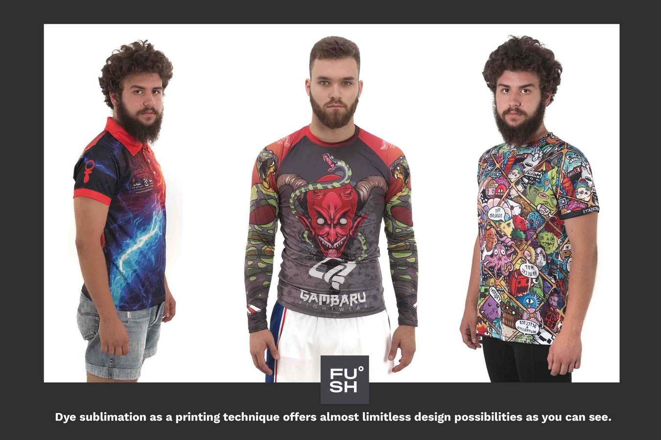 Image of three male models wearing different types of all-over sublimation clothing. "FUSH" logo and description text are visible.