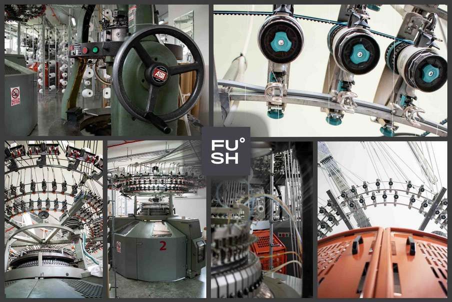 A collage of images of circular knitting machines. The