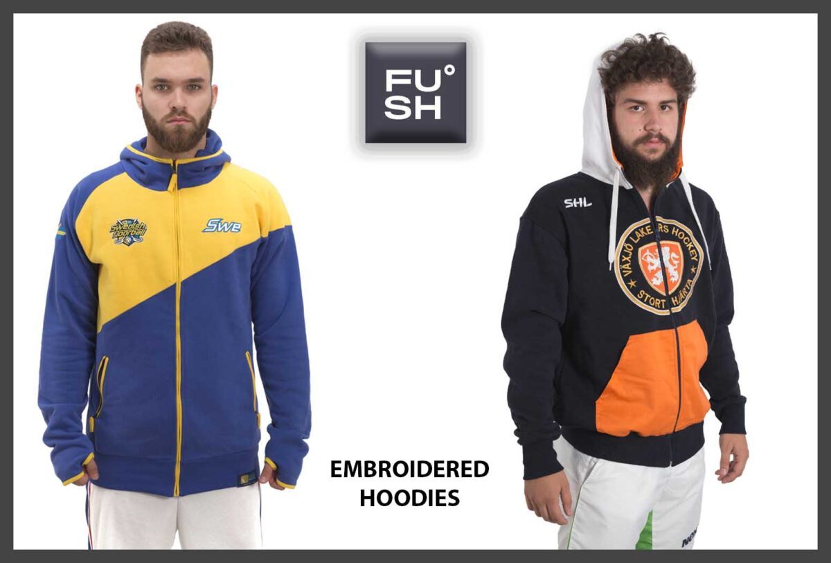 Image of two male models wearing embroidered hoodies. "FUSH" logo and description text are visible.