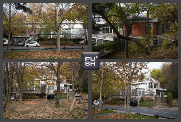 Four images of a building surrounded by trees.