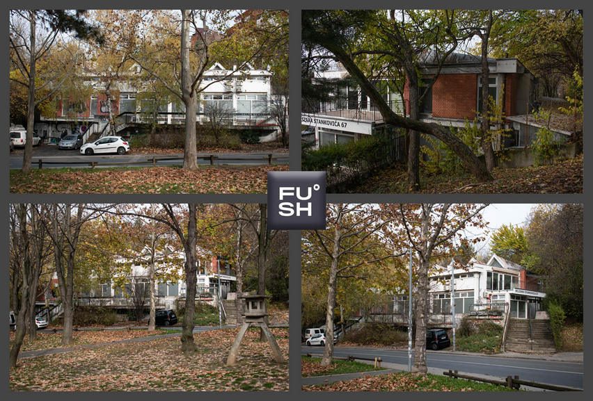 Four images of a building surrounded by trees.