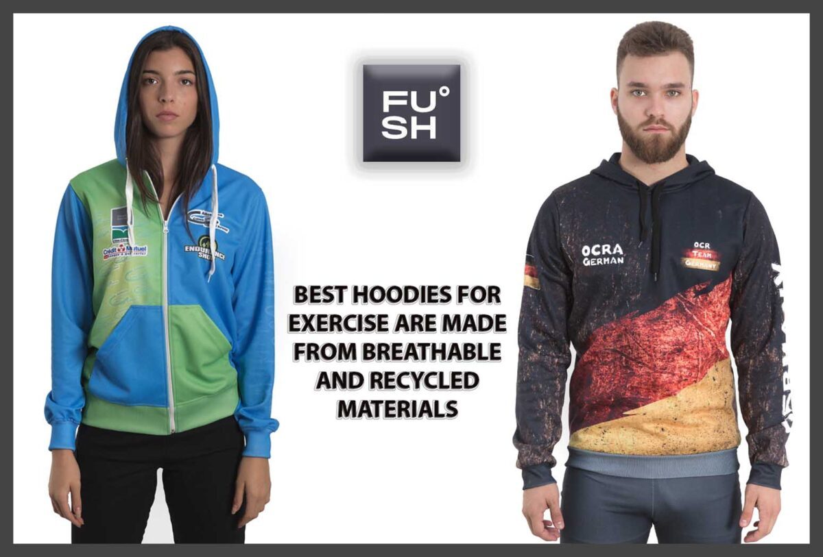 Image of a female model on the left and a male models on the right wearing hoodies for exercise. "FUSH" logo and description text are visible.