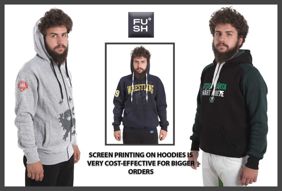 Image of a male model wearing hoodies with screen printing details. "FUSH" logo and description text are visible.