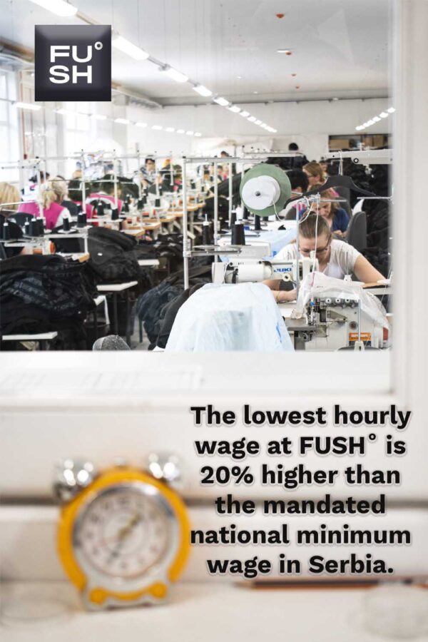 Image of a sewing factory and an ethical clothing manufacturer statement about having a 20% higher hourly wage than the national minimum.