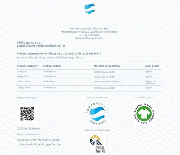 Image of a GOTS certificate. Sustainable clothing manufacturers usually have them.