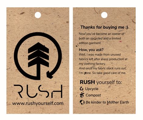 A hangtag for the RUSH clothing brand. Logo and promotional text are visible.