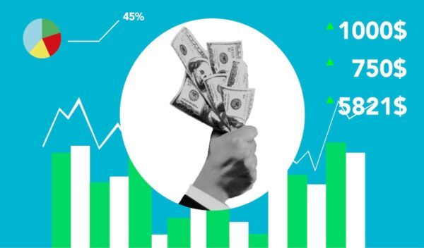 Image depicting falsehood of infinite growth by showing charts and numbers and a hand holding dollar bills.